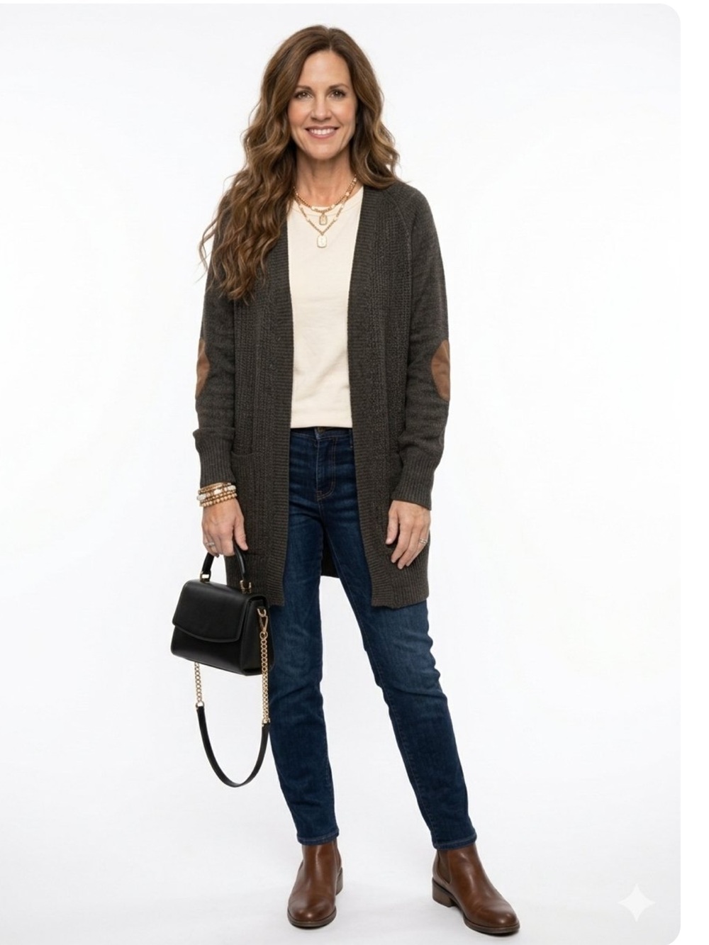 RDI Dark Charcoal Open-Front Cardigan with Brown Elbow Patches